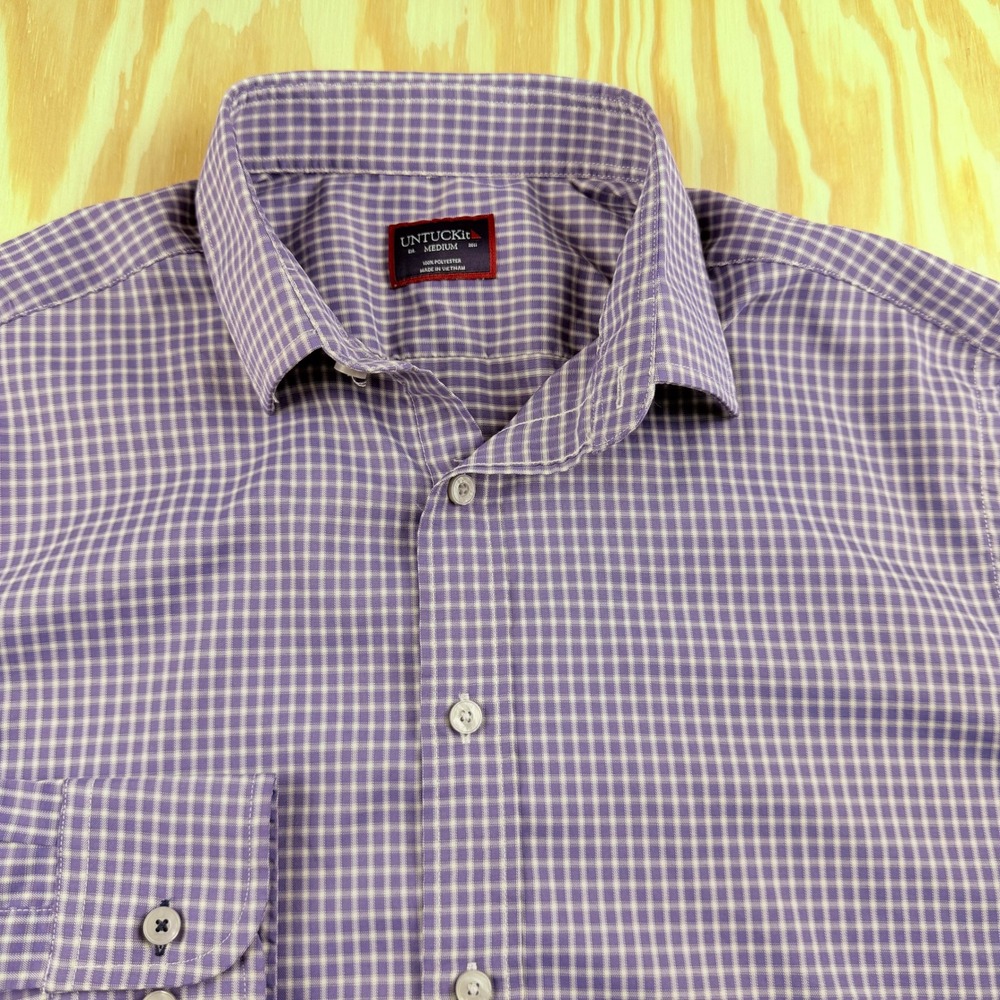 UNTUCKit Mens Medium Purple White Micro Check Long Sleeve Button Down Shirt